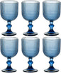 Blue Glasses Drinking Water Goblets set of 6 Big Vintage Glassware 13oz Colored Wine Glasses for Wedding Party Bar Vertical Line Embossed Pattern Stemmed Cups 400ml