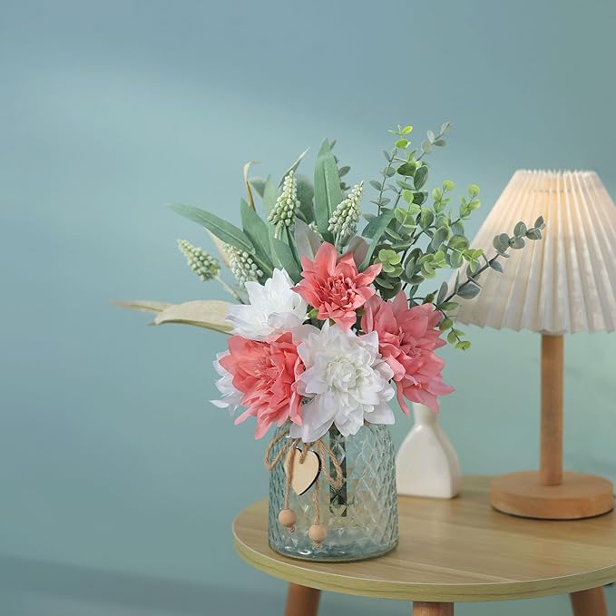 Faux Flowers with Vase,Artificial Silk Flowers in Vase, Fake Plant Eucalyptus and Willow,Flower Arrangement for Home Farmhouse Dining Table Centerpiece Decorations Coffee Table Decor (Dusty Pink)