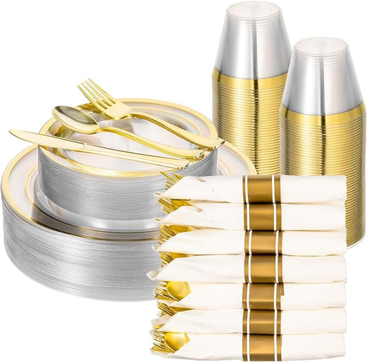 350 PCS Transparent Base With Gold Edge Plastic Dinnerware Set for 50 Guests, 100 Plates for Party, 50 Pre Rolled Napkins with Gold Silverware, 50 Cups