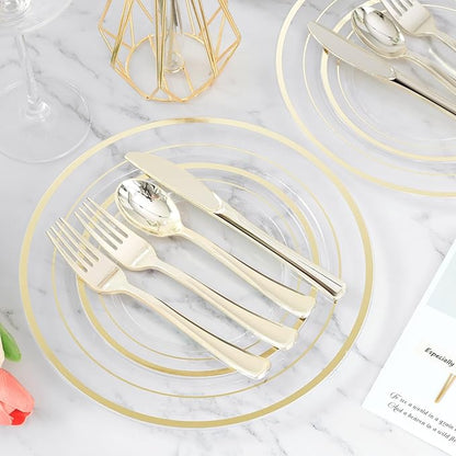 BESTVIP 300PCS Clear Gold Plastic Plate Set (50 Guests), Disposable Dinnerware Set for Party, Wedding, Birthday - 100 Plates, 100 Forks, 50 Spoons, 50 Knives for Christmas