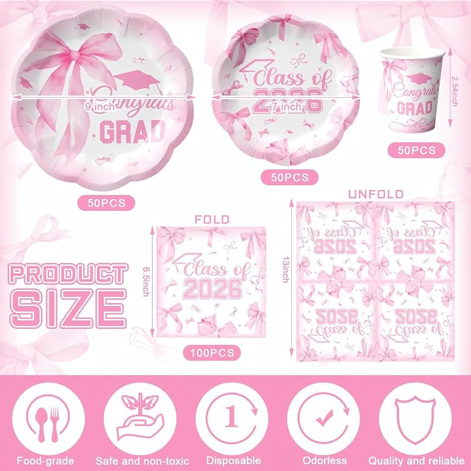 250 Pcs Pink Bow Graduation Disposable Paper Plate Napkins | Congrats Grad - Image 3