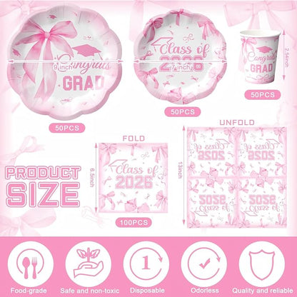 250 Pcs Pink Bow Graduation Disposable Paper Plate Napkins | Congrats Grad - Image 3