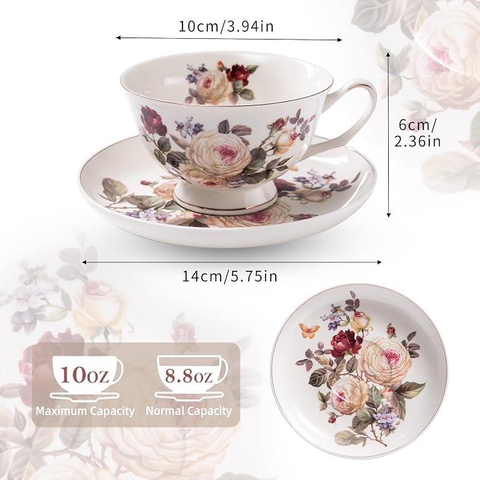 Tea Cups and Saucers, 10 OZ Bone Vintage Porcelain Coffee Cup - Image 3