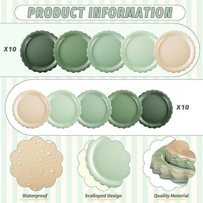 110pcs Sage Green Plates and Napkins Tableware Set Serve 25 Guests Includes Scalloped 9" 7" Paper Dessert Dinner Plate Green Series Napkins for Spring Birthday Wedding Baby Shower Tea Party