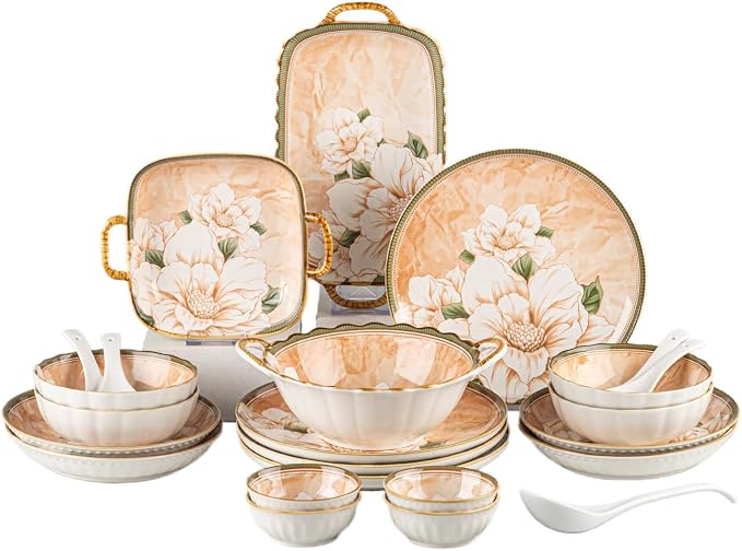 Ceramic Dinnerware Set, Floral Plates and Bowls Sets, Microwave & Dishwasher by FANGJING