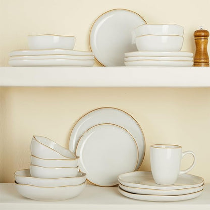 Plates and Bowls Sets, 16 Pieces Dinnerware Set for 4 with Pasta Bowls, Handmade Dishes Set, Chip Resistant Dishware Sets, Microwave Safe Dinner Set, Designed for Interactive Meals, White