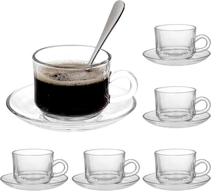 Glass Tea Cups and Saucers Set of 6, Dishwasher & Microwave Safe Teacups by GURUDAR