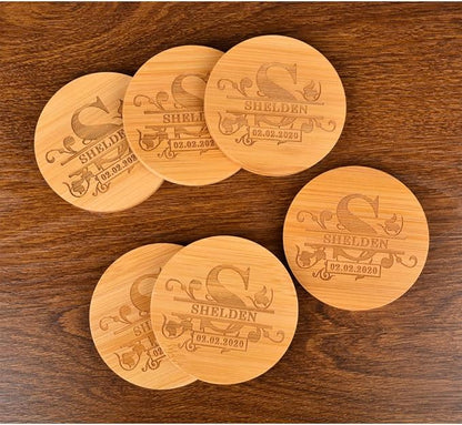 Personalized Bamboo Coasters, Custom Engraved Monogram Coasters with Holder, Great Gifts for Relatives, Friends or Yourself (Set of 4)