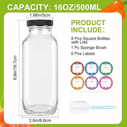 GUANENA 6 Pack Glass Drink Bottles, 16 OZ Vintage Square Water Bottles - Image 2