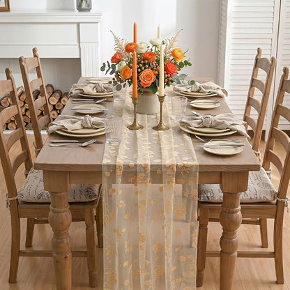 Artoid Mode Beige Gauze Flocking Flowers Table Runner 10FT, Seasonal Sheer - Image 2