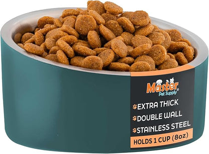 Master Pet Supply Stainless Steel Slanted Dog Cat Food Bowl - 8 oz Heavy Duty - Emerald Sea, Double Wall Insulated, Non-Slip Elevated Bowl for French Bulldogs Pugs Cats, Anti Rust Dishwasher Safe