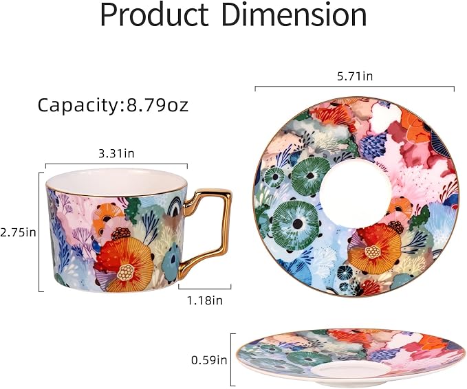 KAMMAK Tea Cups and Saucers Set of 2, Fine Bone China Coffee Cups, 569N | - Image 5