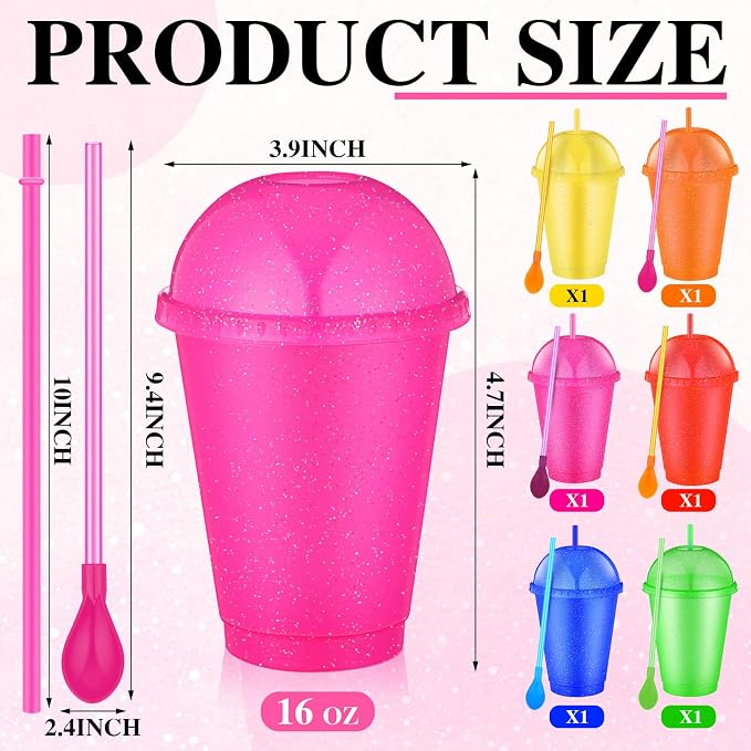 6 Set Slushie Cups with Dome Lids and Straws Detachable Spoon Straws Reusable - Image 3