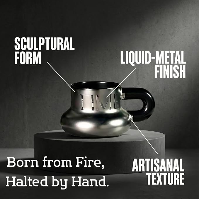 Volcanic Ash Titanium Finish Coffee Mug and Saucer Set | Modern Sculptural - Image 3