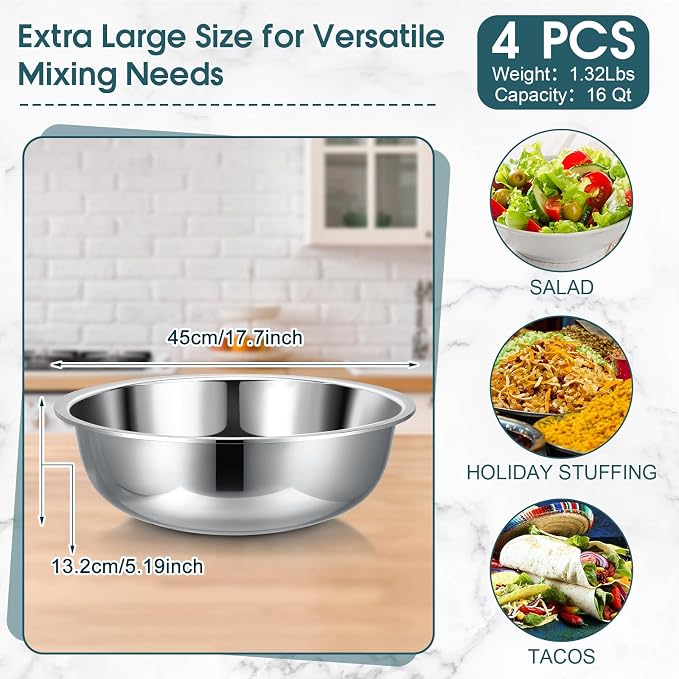 Nuogo 4 Pcs Stainless Steel Mixing Bowls Metal Mixing Bowls Extra Large Basin - Image 2
