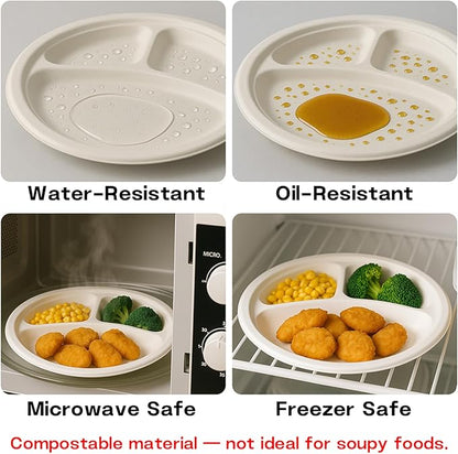 10 Inch 3 Compartment Paper Plates 【White 150 Pack】, Compostable Divided Plates, 100% Sugarcane Bagasse, Heavy Duty Disposable Plates for Party, BBQ, Picnic, Catering