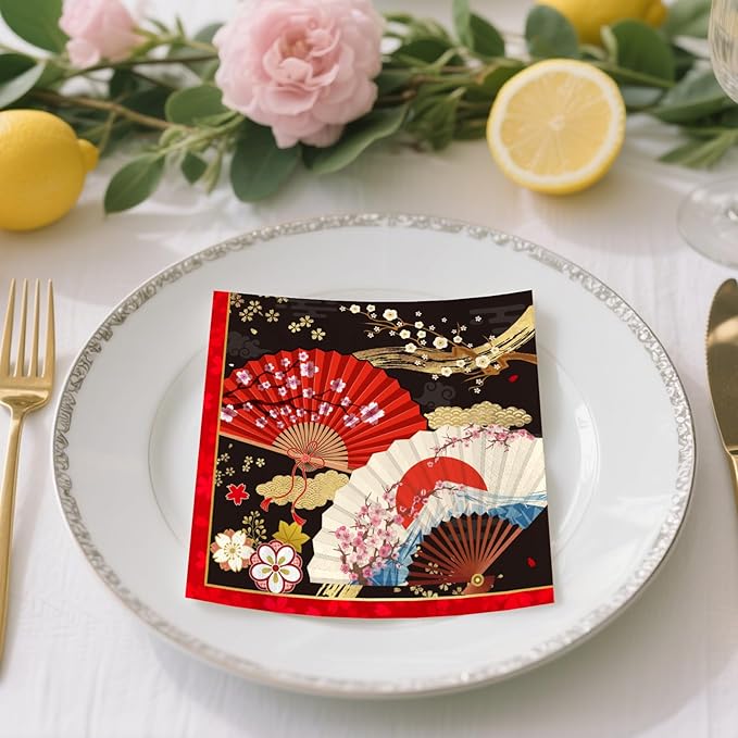 Japanese Hibachi Party Decorations, 50 Sheets Hibachi Party Napkins Supplies Disposable, Asian Japanese Style Paper Fans Paper Supplies Decor for Birthday Size 6.5 Inch