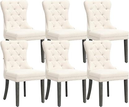 KCC Boucle Dining Chairs Set of 6, Upholstered High-end Tufted Dining Room Chair with Nailhead Back Ring Pull Trim Solid Wood Legs, Contemporary Nikki Collection Modern Style for Kitchen, Cream