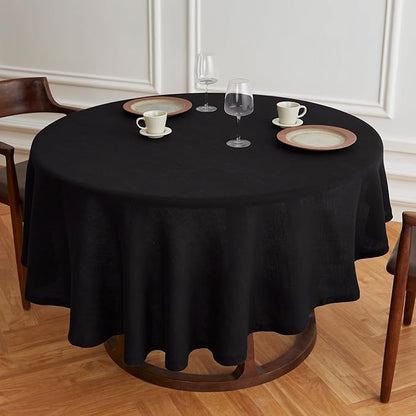 Solino Home Linen Round Tablecloth 70 Inch - 100% Pure Linen Black Round Tablecloth - Machine Washable Table Cloth for Winter, Spring - Sonoma