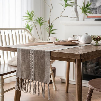 Farmhouse Table Runner, Embroidered Striped Braided Coffee Boho Table Runner - Image 5