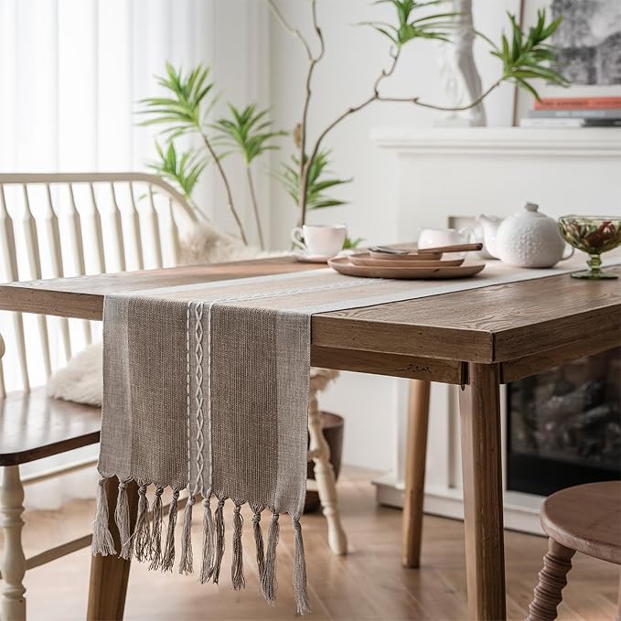 Farmhouse Table Runner, Embroidered Striped Braided Coffee Boho Table Runner - Image 5