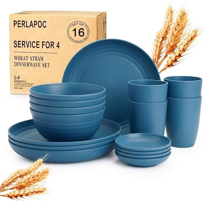 16 PCS Wheat Straw Plates and Bowls Sets, Kids Dishes Dinnerware Sets by Perlapoc