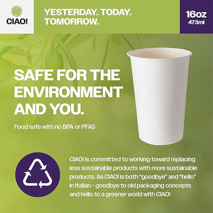 CIAO! 16oz White Paper Hot Cup, Disposable, 90mm Diameter 1,000 Count