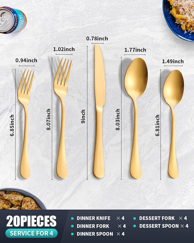Matte Gold Silverware Set with Steak Knives, 20-Piece Stainless Steel Flatware - Image 2