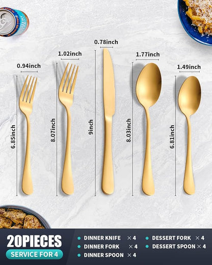Matte Gold Silverware Set with Steak Knives, 20-Piece Stainless Steel Flatware - Image 2