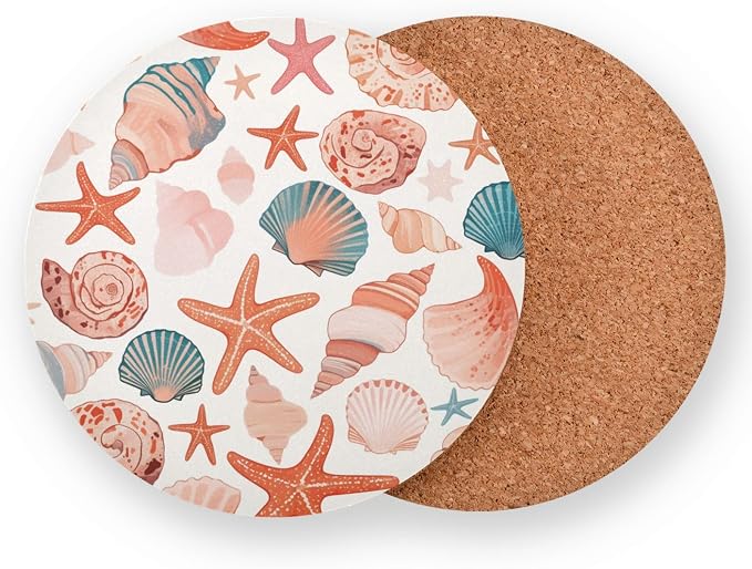 Seashells Different Shapes and Starfish Set of 4 Absorbent Coasters Cork - Image 2