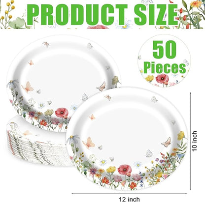 Floral Oval Paper Plates 10’’x 12’’, Large Disposable Heavy Duty Oval Paper Plates Dinner Size for Birthday Wedding Bridal Baby Shower Tea Party Supplies, 50 Guests