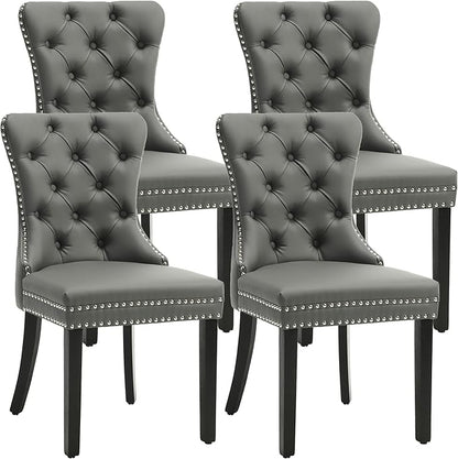 KCC Faux Leather Dining Chairs Set of 4, Upholstered High-end Tufted Dining Room Chair with Nailhead Back Ring Pull Trim Solid Wood Legs, Contemporary Nikki Collection Modern Style for Kitchen, Gray
