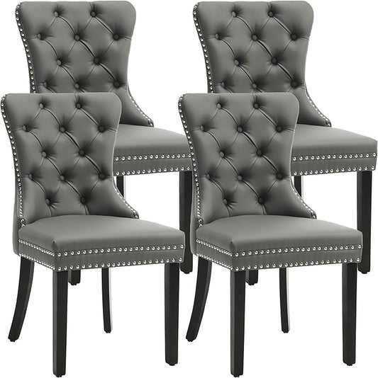 KCC Faux Leather Dining Chairs Set of 4, Upholstered High-end Tufted Dining Room Chair with Nailhead Back Ring Pull Trim Solid Wood Legs, Contemporary Nikki Collection Modern Style for Kitchen, Gray