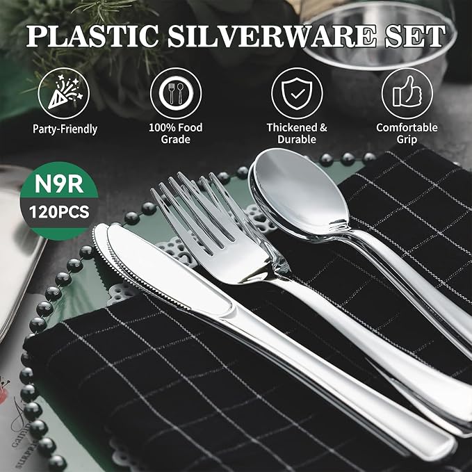 120PCS Silver Plastic Silverware, Disposable Utensils & Cutlery | 60 Forks - Image 3