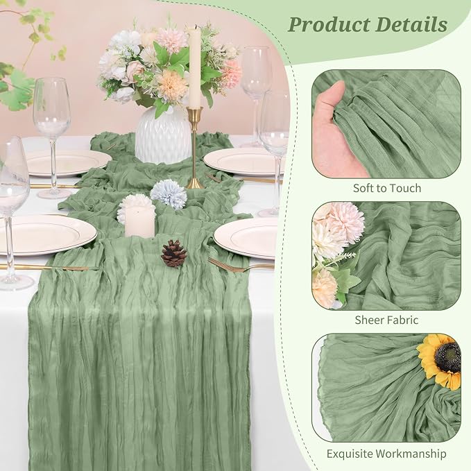 Pesonlook Cheesecloth Table Runner Sage Green, 10 Pack 17.7x108 inch, Long | - Image 3