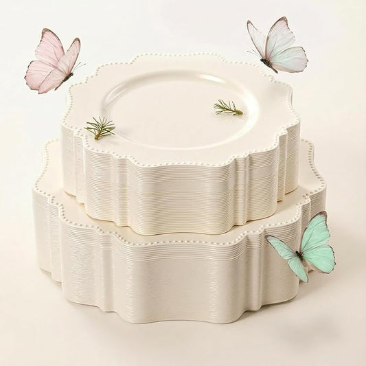 COLOSUS 60pcs Ivory Plastic Plates -Elegant Plastic Plates,Heavy Duty Cream Disposable Plates for Party Include 30 pcs Dinner Plate and 30 pcs Dessert Plate for Wedding/birthday/baby shower
