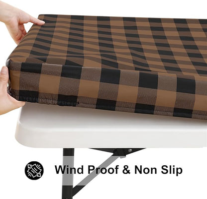 Smiry Rectangle Picnic Table Cloth, Elastic Waterproof Fitted Vinyl Tablecloths, Flannel Backed Buffalo Plaid Table Covers for Dining, Camping, Outdoor (Black and Brown, 30" x 96")
