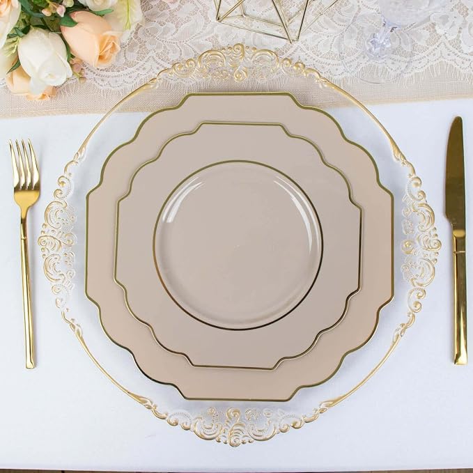 Taupe Hard Plastic Dessert Plates, 50 Pack 8" Disposable Round Baroque Plates - Image 6