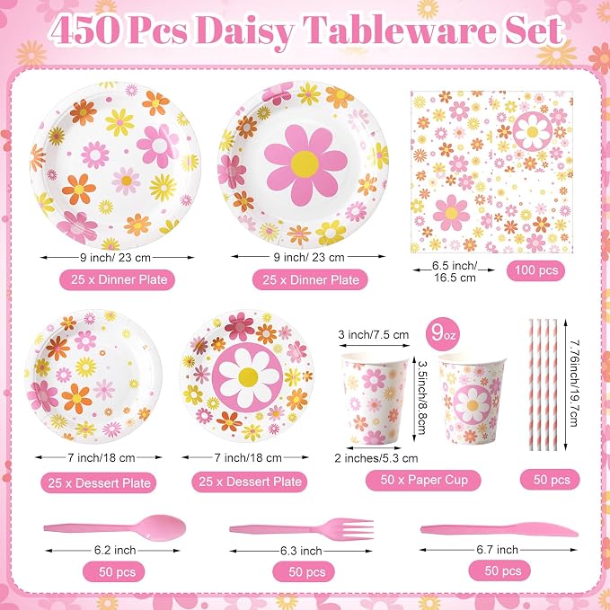450 Pcs Daisy Groovy Tableware Set Decorations, Serves 50 | Boho Daisy Flower - Image 3
