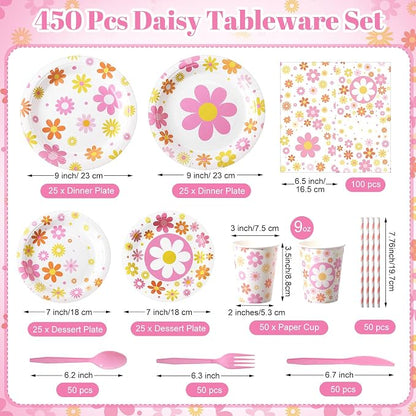 450 Pcs Daisy Groovy Tableware Set Decorations, Serves 50 | Boho Daisy Flower - Image 3