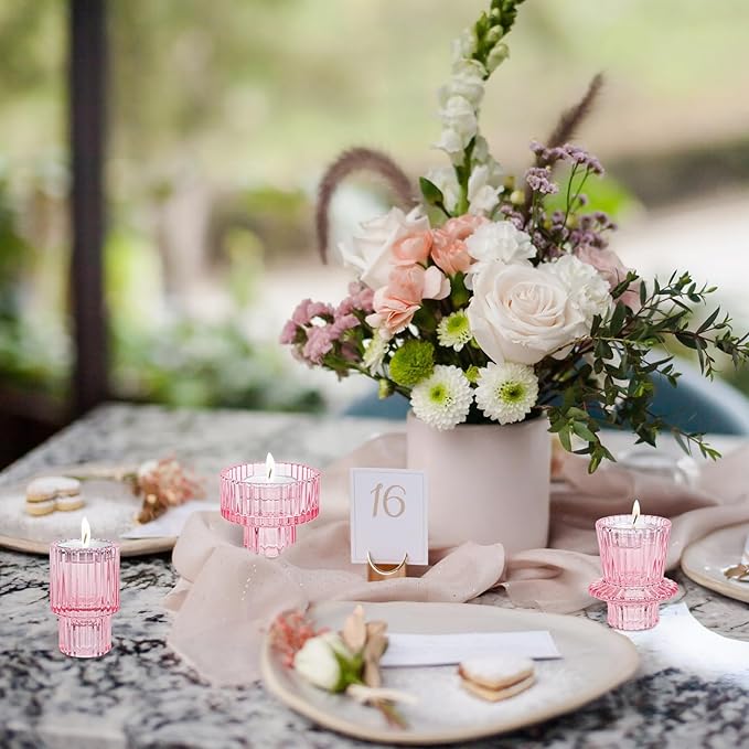 Taper Votive Candle Holder for Pillar Candles Tealight, Candlestick Holder for Wedding Christmas Tea Party, Boho Ribbed Vintage Crystal Glass Table Centerpiece Decor, Bulk Set of 6 (Pink)