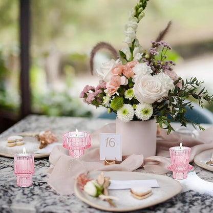 Taper Votive Candle Holder for Pillar Candles Tealight, Candlestick Holder for Wedding Christmas Tea Party, Boho Ribbed Vintage Crystal Glass Table Centerpiece Decor, Bulk Set of 6 (Pink)