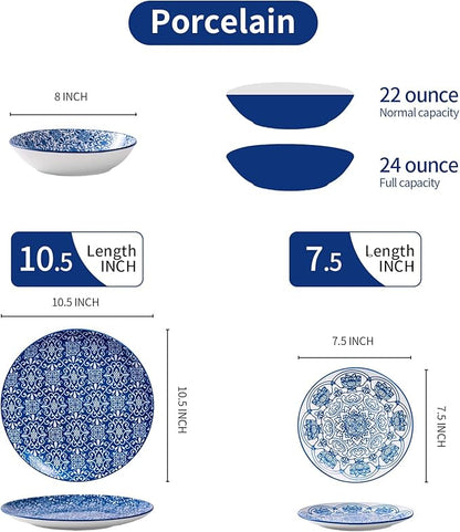 Bestone Porcelain Dinnerware Sets Service for 4, 12 pcs Hand drawn Plates and Bowls Sets, Handmade Ceramic Dish Set, Chip Resistant Modern Plate Set, Dishwasher/Microwave Safe，Vintage Blue