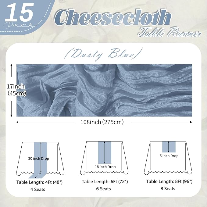 15 Pack Dusty Blue Cheesecloth Table Runner 17 x 108 inch Cheese Cloth Table - Image 2