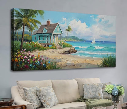 Anolyfi Tropical Large Canvas Wall Art for Living Room, Palm Tree Nature Coastal Seascape Painting Wall Decor Textured Artwork for Bedroom Hallway Kitchen Office Home Decor 58"x29"
