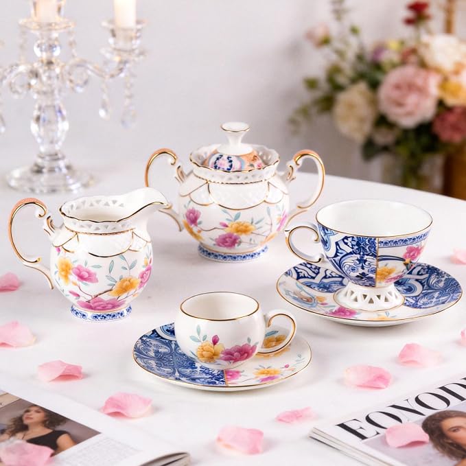 KAMMAK Tea Cups and Saucers Set of 2, Fine Bone China Coffee Cups, GH015 | - Image 9