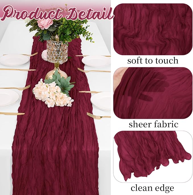 16 Pack Burgundy Cheesecloth Table Runners 20x120 Inch Gauze Table Runner 10FT - Image 3