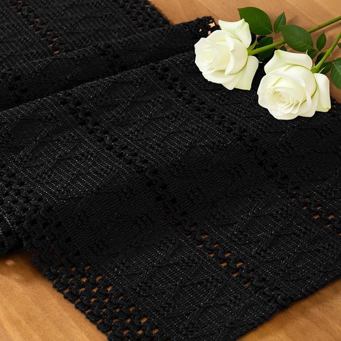Black Boho Table Runner Farmhouse Macrame Woven Table Runner 12x72 Inch | Small by MLMC