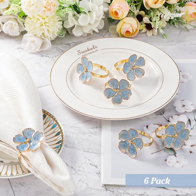 Lewondr Napkin Rings 6 Pack Flower Napkin Holders Dinner Tables Rings Blue | - Image 5