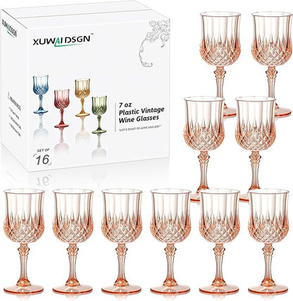 XUWAIDSGN 16 Pcs 7oz Plastic Vintage Wine Glasses Drinking Glasses Unbreakable Wedding Glassware Crystal Water Goblets Reusable Drinkware Vintage Champagne Flutes (16, Pink)